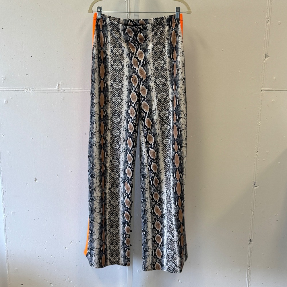 PrettyLittleThing Snakeskin Print Neon Orange Side Stripe Wide Leg Pants US 10